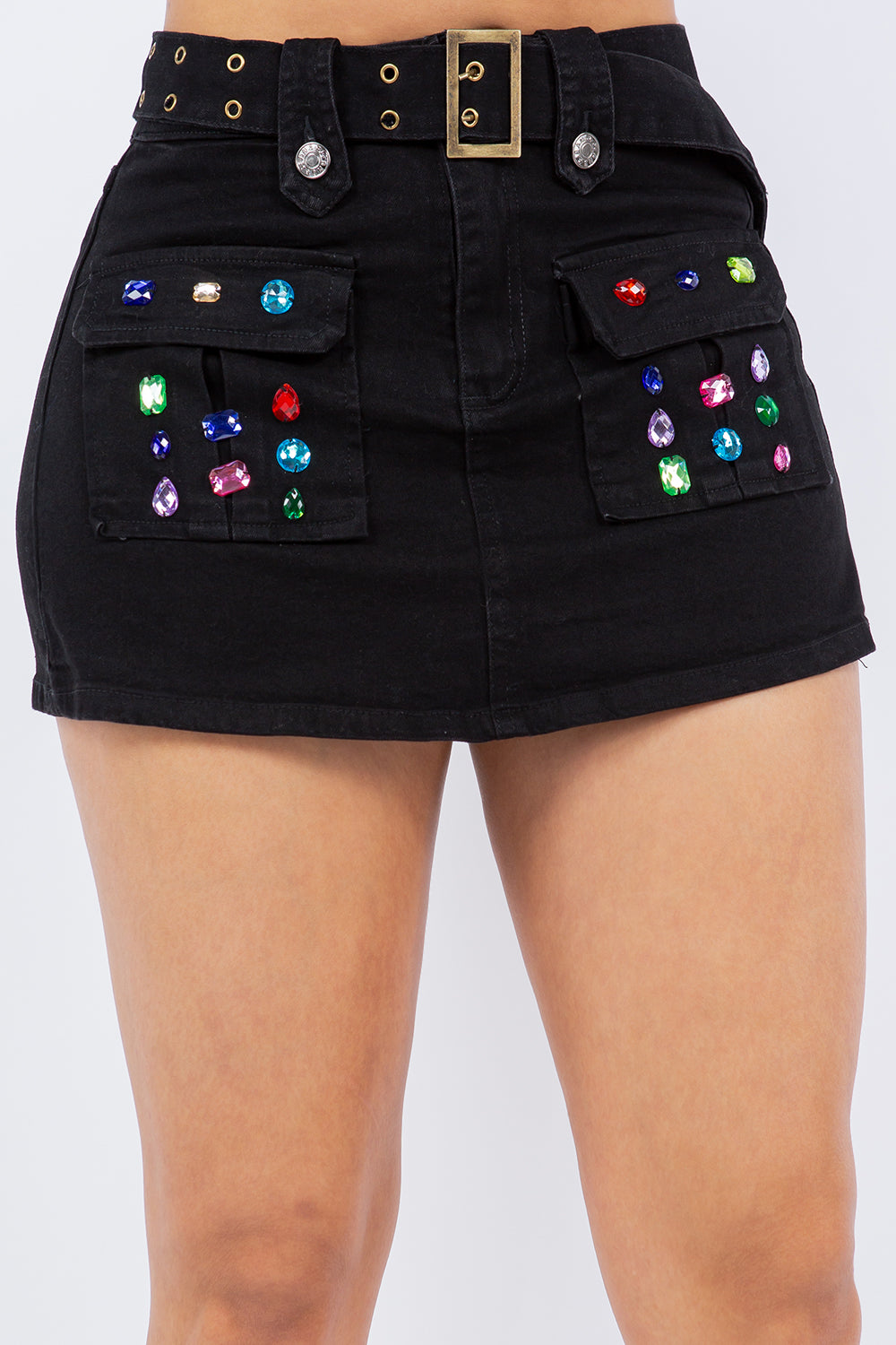 OP-230619 EMBELLISHED BELTED DENIM MINI SKORT 6 PIECES 2/S 2/M 2/L