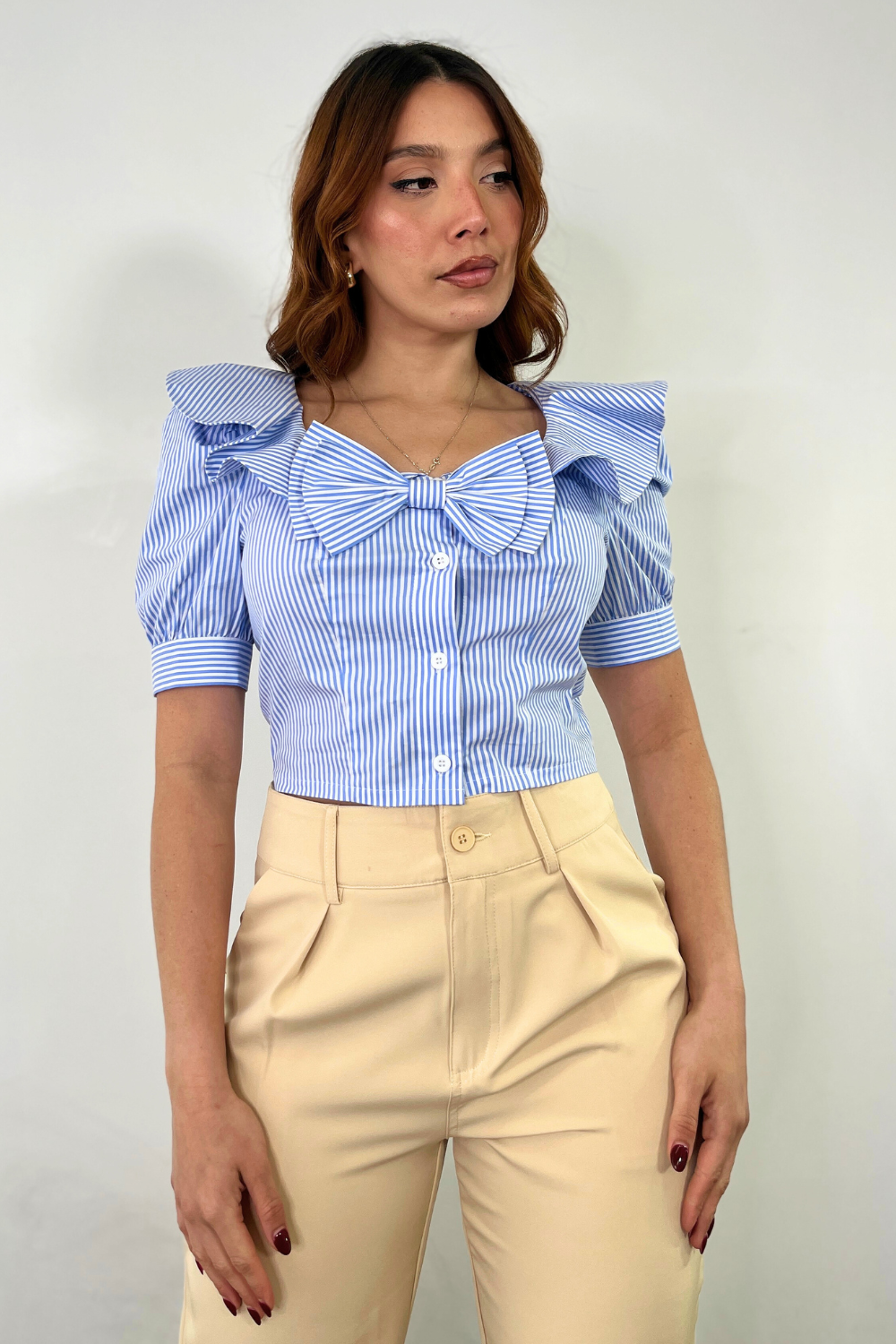 OP-4101 STRIPED CROP SHIRT WITH BUN AND RUFFLE 6 PIECES 2/S 2/M 2/L